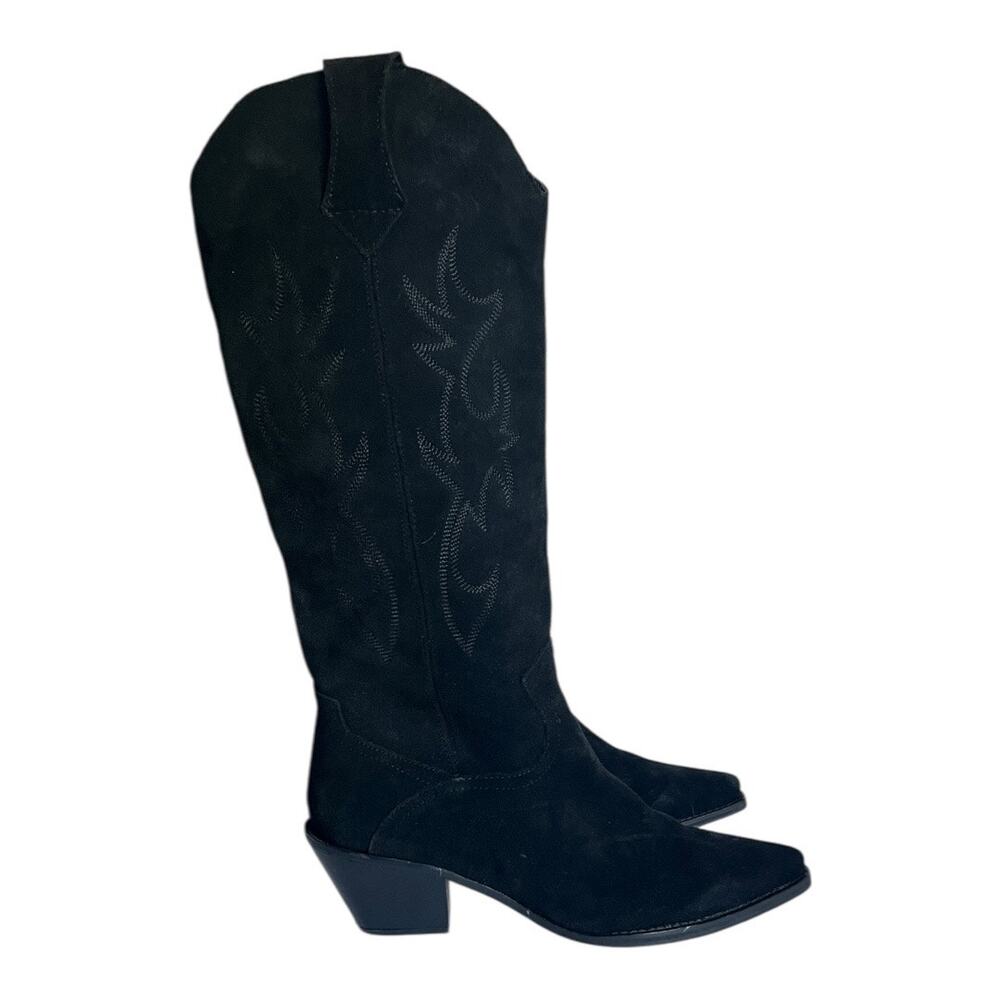 ZARA Embroidered Black Suede Western Tall Cowboy Boots Size 40 EU - Picture 2 of 15